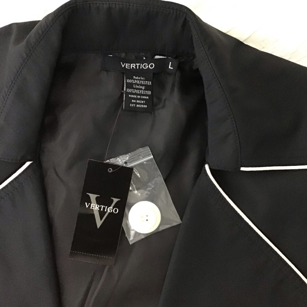 Vertigo black w/ white piping retro style collared belted rain tench coat jacket - Picture 8 of 12